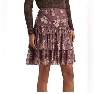 LAUREN RALPH LAUREN Purple Zippered Ruffled Tiered Skirt Lined Floral